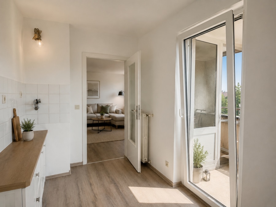 Küche mit Blick ins Wohnzimmer und Zugang Balkon