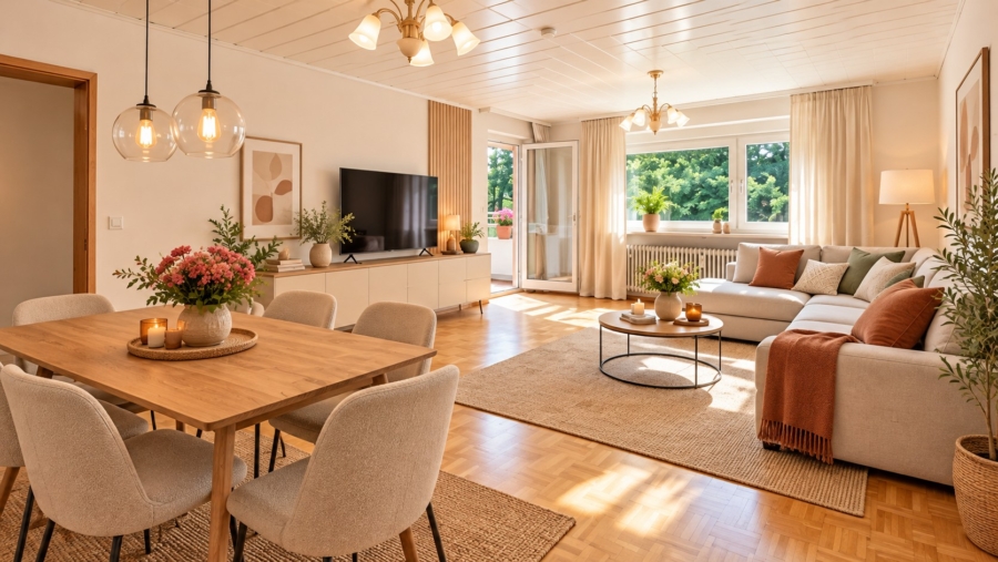 Wohn-Esszimmer mit KI möbliert